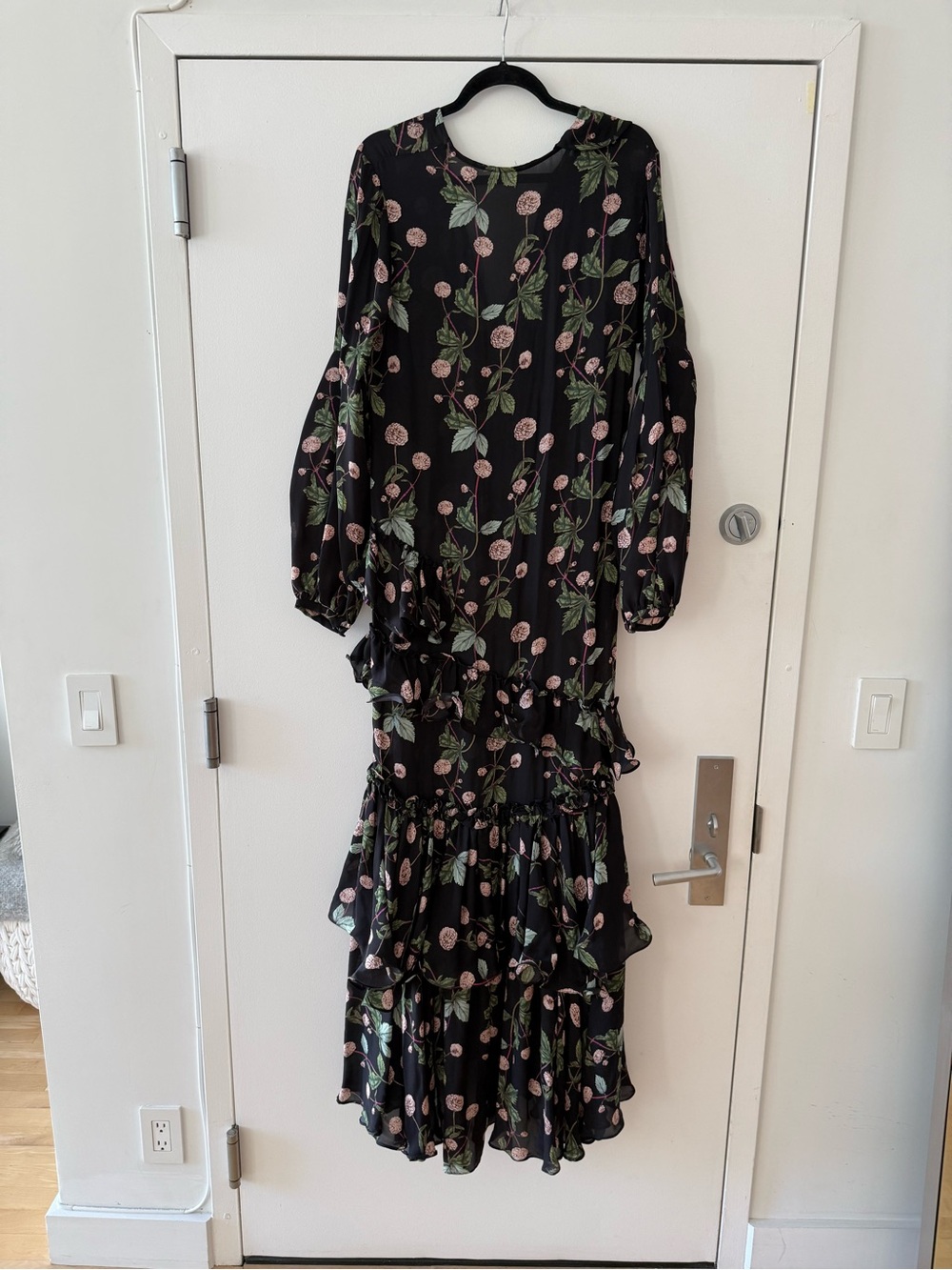 Johanna Ortiz Galeria Fundana Black Maxi Dress with Pink Floral and Green Leaves - Picture 5 of 7